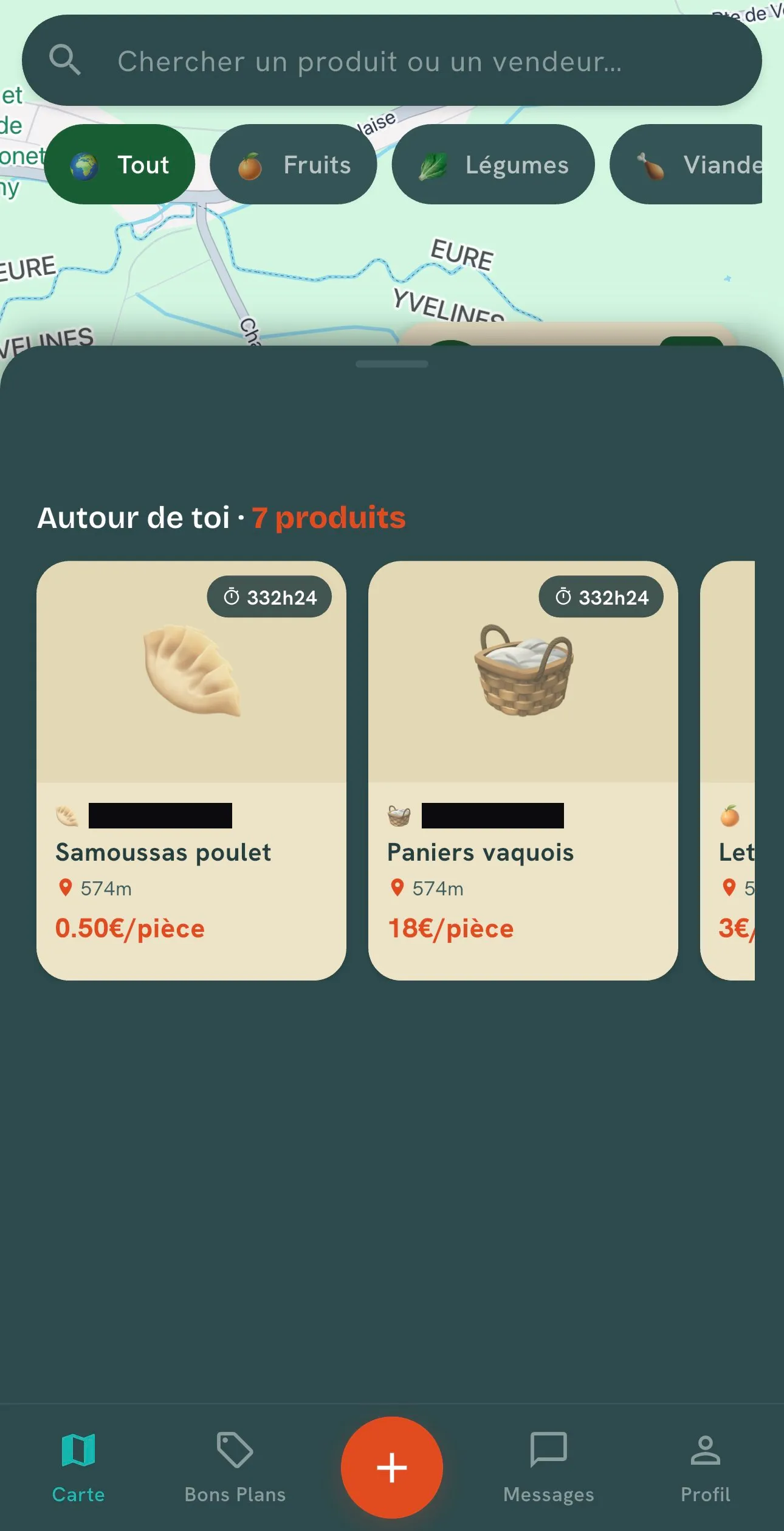 Application Batkari : carte et produits proposés autour de l’utilisateur (prénoms des vendeurs caviardés)