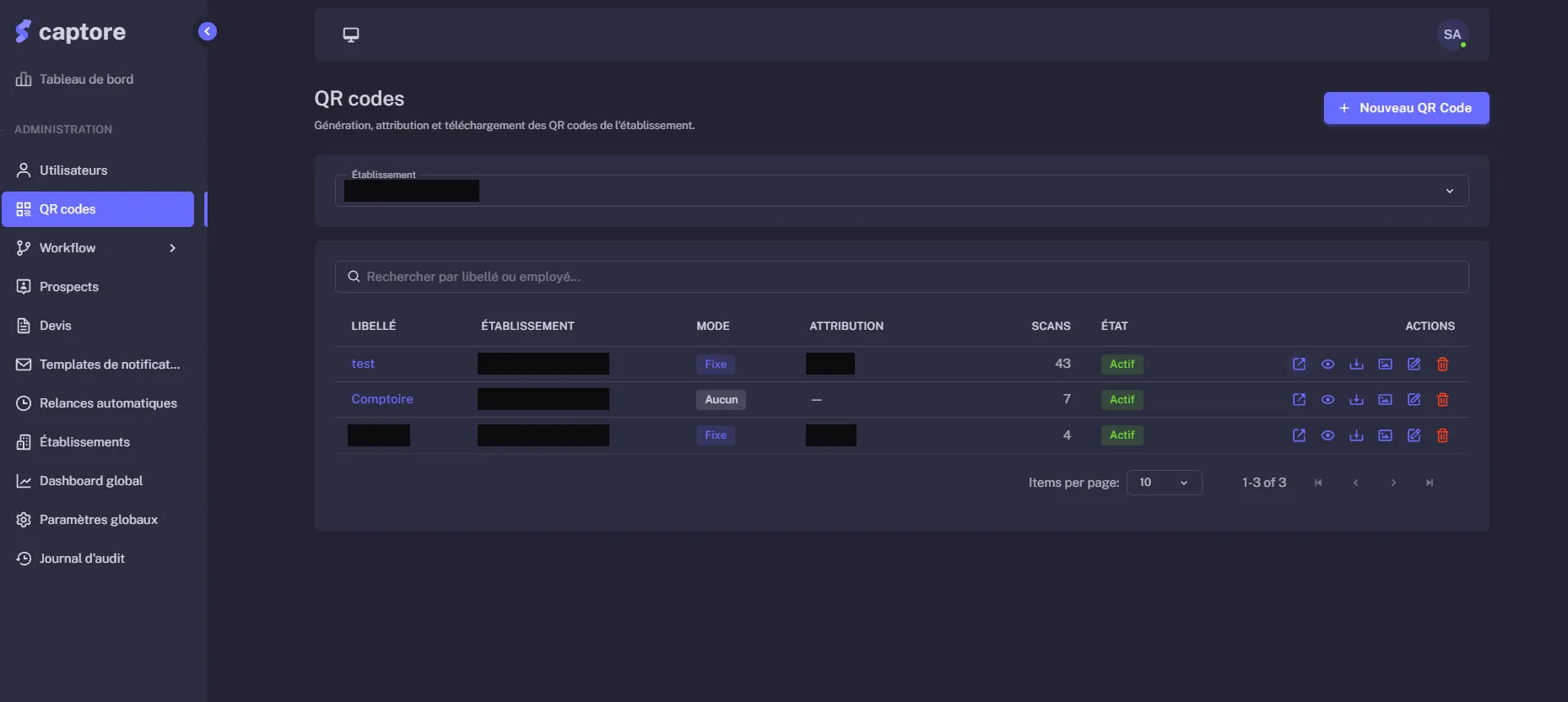 Back-office Captore : liste des QR codes d’un établissement, avec mode, attribution, nombre de scans et état (données client caviardées)