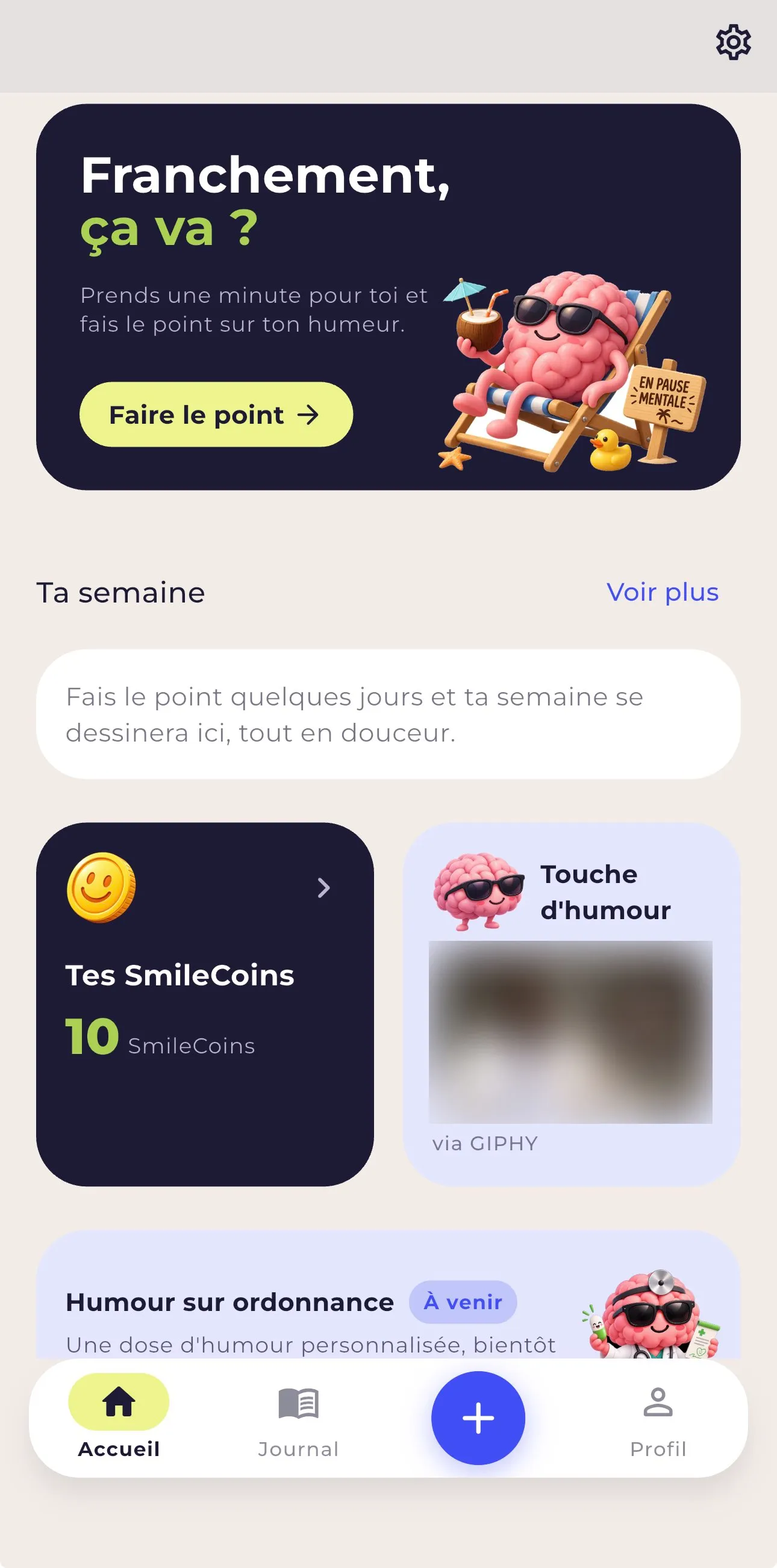 Franchement Ça Va : écran d’accueil, point sur l’humeur, SmileCoins et touche d’humour